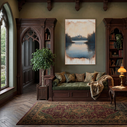 Misty Castle Lake Landscape Vintage wall art in a moody dark academia room – castle with pointed towers across a still