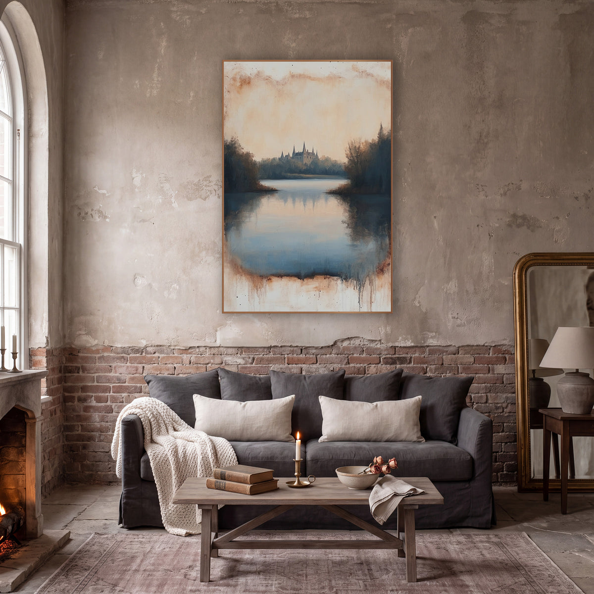 Misty Castle Lake Landscape Vintage wall art in a moody dark academia room – castle with pointed towers across a still