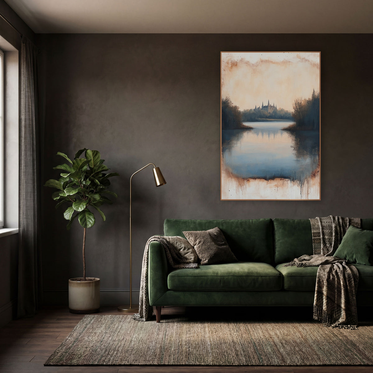Misty Castle Lake Landscape Vintage wall art in a moody dark academia room – castle with pointed towers across a still