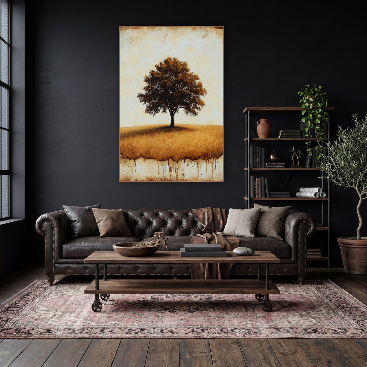 Lone Oak Golden Field Rustic wall art in a moody dark academia room – lone oak tree with amber-brown leaves