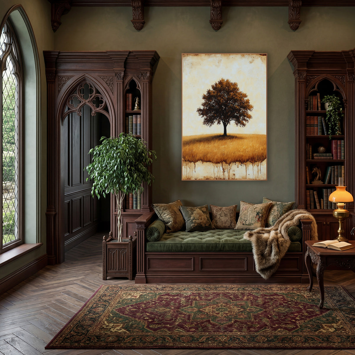 Lone Oak Golden Field Rustic wall art in a moody dark academia room – lone oak tree with amber-brown leaves