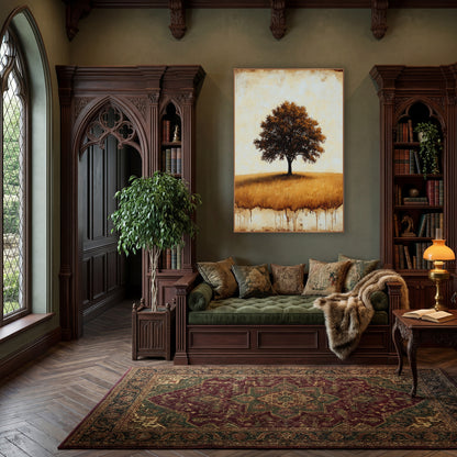Lone Oak Golden Field Rustic wall art in a moody dark academia room – lone oak tree with amber-brown leaves