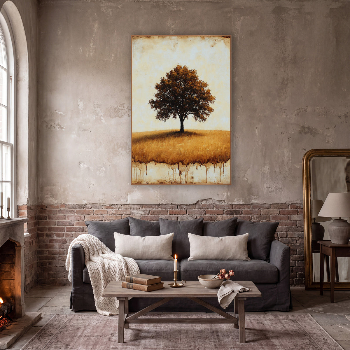 Lone Oak Golden Field Rustic wall art in a moody dark academia room – lone oak tree with amber-brown leaves
