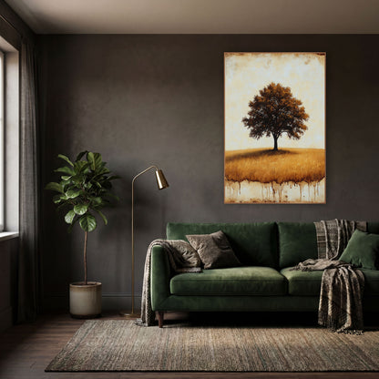 Lone Oak Golden Field Rustic wall art in a moody dark academia room – lone oak tree with amber-brown leaves