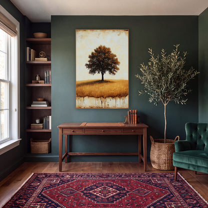 Lone Oak Golden Field Rustic wall art in a moody dark academia room – lone oak tree with amber-brown leaves