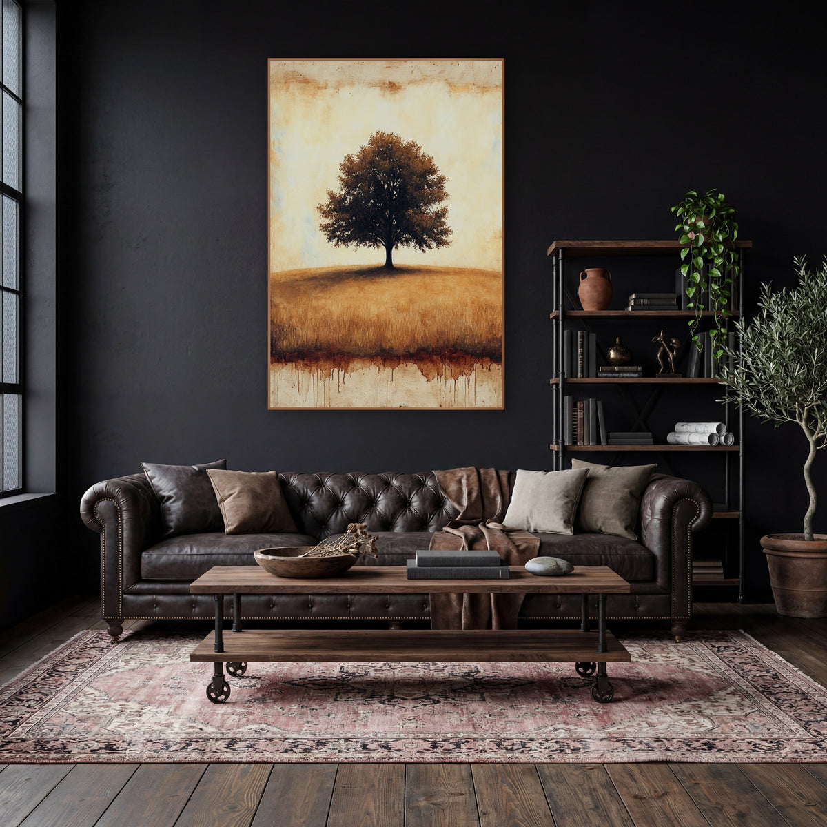 Solitary Hilltop Oak Rustic Landscape wall art in a moody dark academia room – lone leafy tree on a golden grass hill