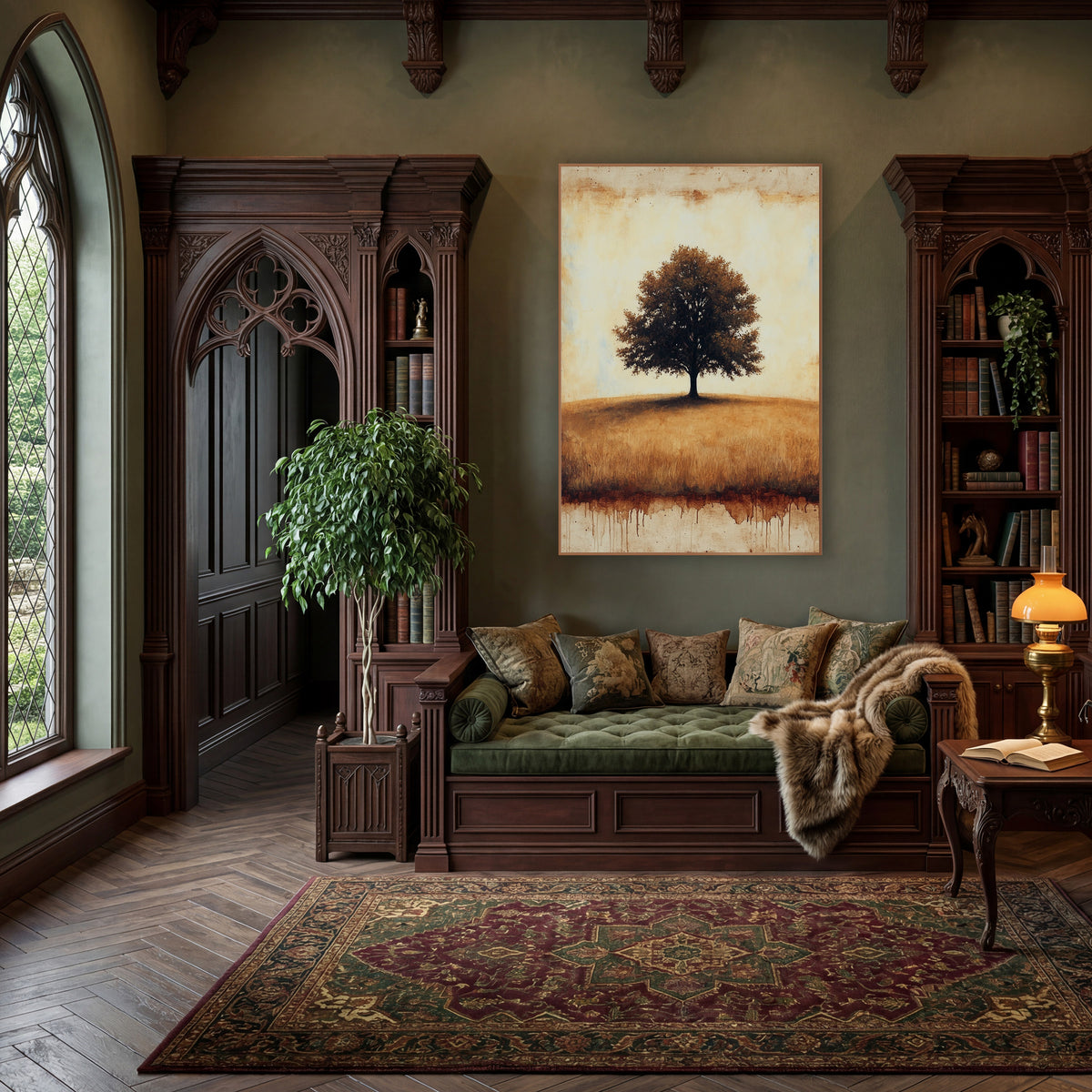 Solitary Hilltop Oak Rustic Landscape wall art in a moody dark academia room – lone leafy tree on a golden grass hill