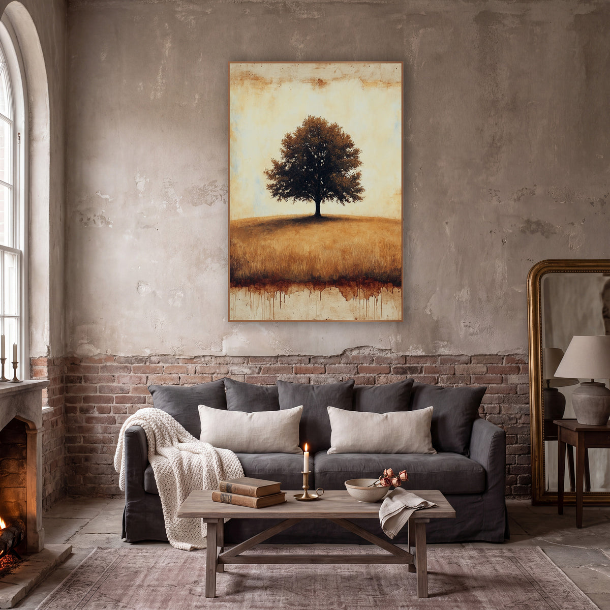 Solitary Hilltop Oak Rustic Landscape wall art in a moody dark academia room – lone leafy tree on a golden grass hill