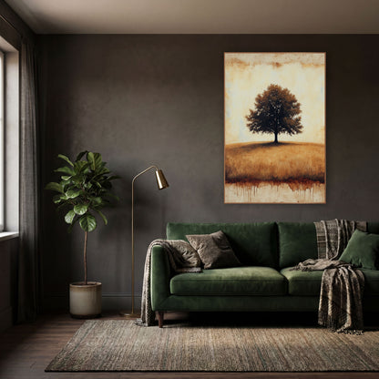 Solitary Hilltop Oak Rustic Landscape wall art in a moody dark academia room – lone leafy tree on a golden grass hill