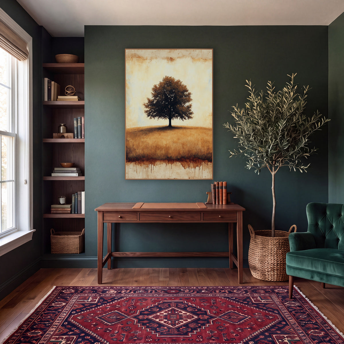 Solitary Hilltop Oak Rustic Landscape wall art in a moody dark academia room – lone leafy tree on a golden grass hill