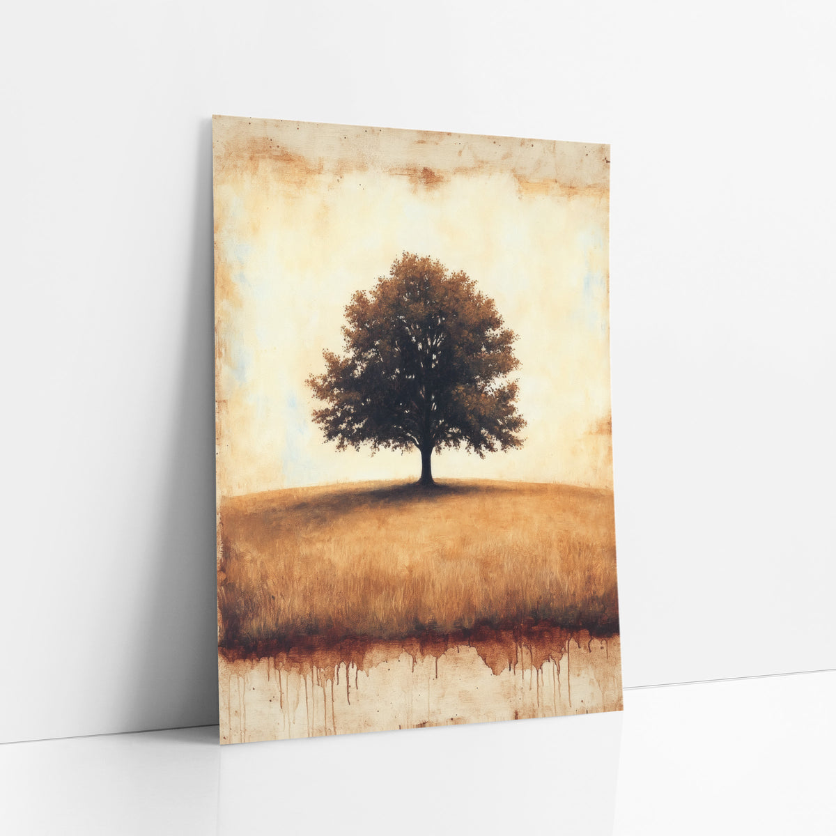 Solitary Hilltop Oak Rustic Landscape art print leaning against a white wall – lone leafy tree on a golden grass hill