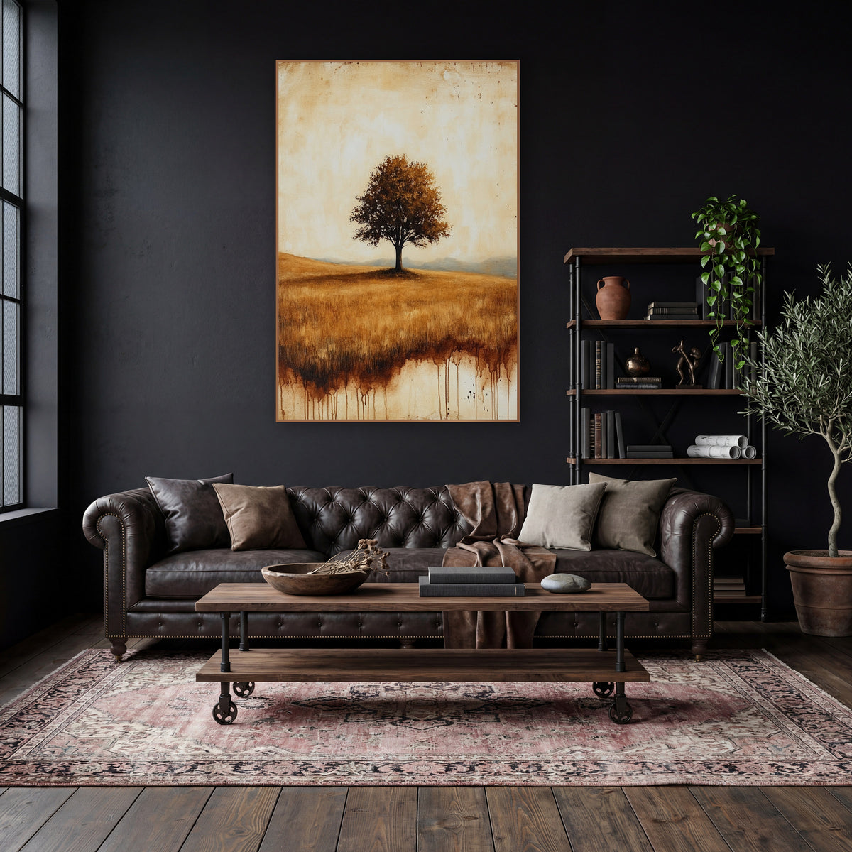 Lone Tree Misty Mountains Classic wall art in a moody dark academia room – lone leafy tree on a golden grass hill