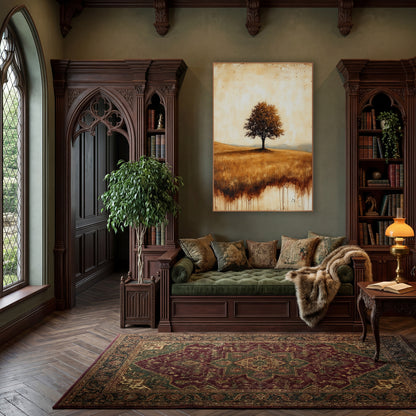 Lone Tree Misty Mountains Classic wall art in a moody dark academia room – lone leafy tree on a golden grass hill