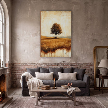 Lone Tree Misty Mountains Classic wall art in a moody dark academia room – lone leafy tree on a golden grass hill