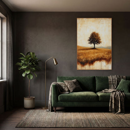 Lone Tree Misty Mountains Classic wall art in a moody dark academia room – lone leafy tree on a golden grass hill