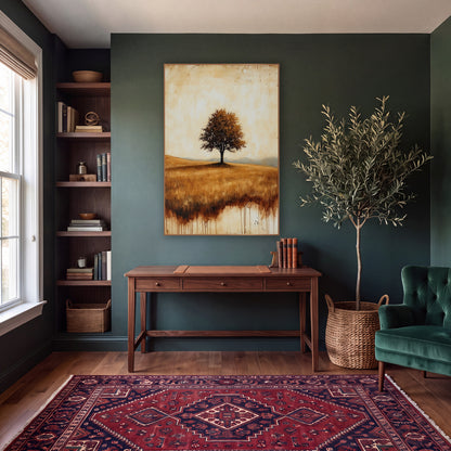 Lone Tree Misty Mountains Classic wall art in a moody dark academia room – lone leafy tree on a golden grass hill