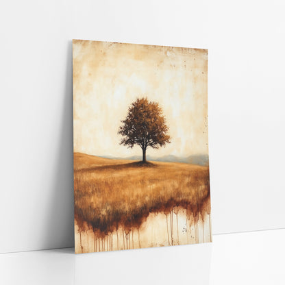 Lone Tree Misty Mountains Classic art print leaning against a white wall – lone leafy tree on a golden grass hill with pale