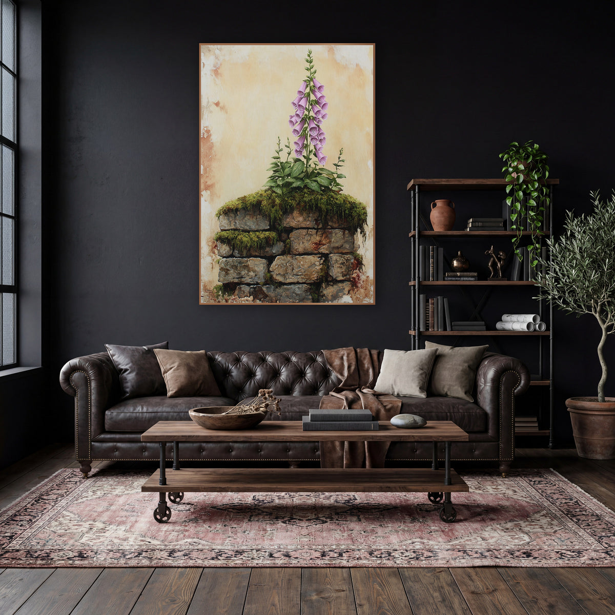 Tall Foxglove Spire Moody Botanical wall art in a moody dark academia room – pink foxglove flower spike growing