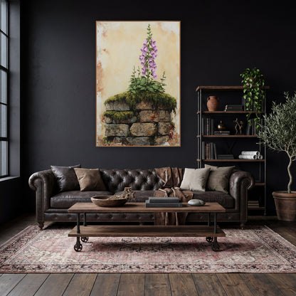 Tall Foxglove Spire Moody Botanical wall art in a moody dark academia room – pink foxglove flower spike growing