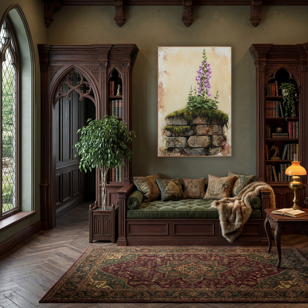 Tall Foxglove Spire Moody Botanical wall art in a moody dark academia room – pink foxglove flower spike growing
