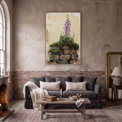 Tall Foxglove Spire Moody Botanical wall art in a moody dark academia room – pink foxglove flower spike growing