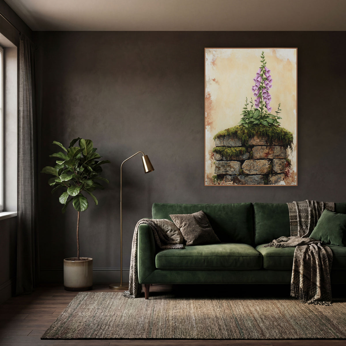 Tall Foxglove Spire Moody Botanical wall art in a moody dark academia room – pink foxglove flower spike growing