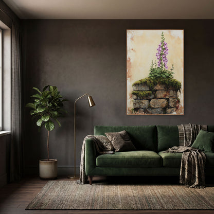 Tall Foxglove Spire Moody Botanical wall art in a moody dark academia room – pink foxglove flower spike growing
