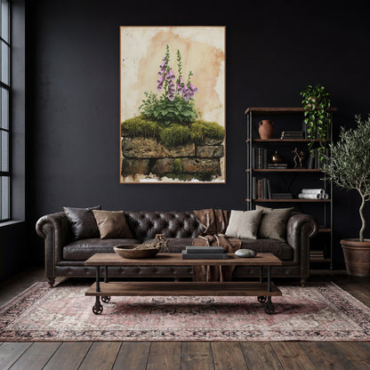 Pink Foxglove Mossy Stone Botanical wall art in a moody dark academia room – pink foxglove flowers and green leaves