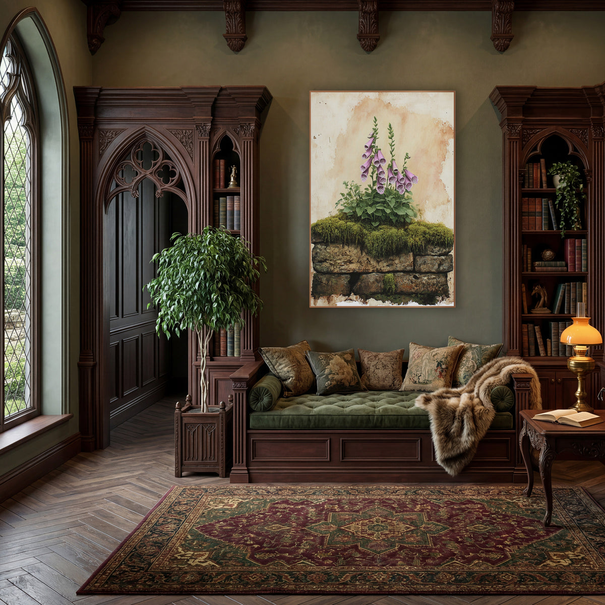 Pink Foxglove Mossy Stone Botanical wall art in a moody dark academia room – pink foxglove flowers and green leaves