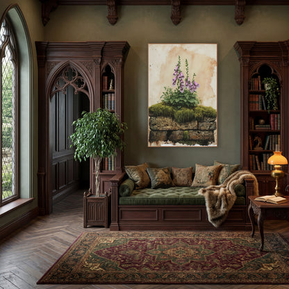 Pink Foxglove Mossy Stone Botanical wall art in a moody dark academia room – pink foxglove flowers and green leaves