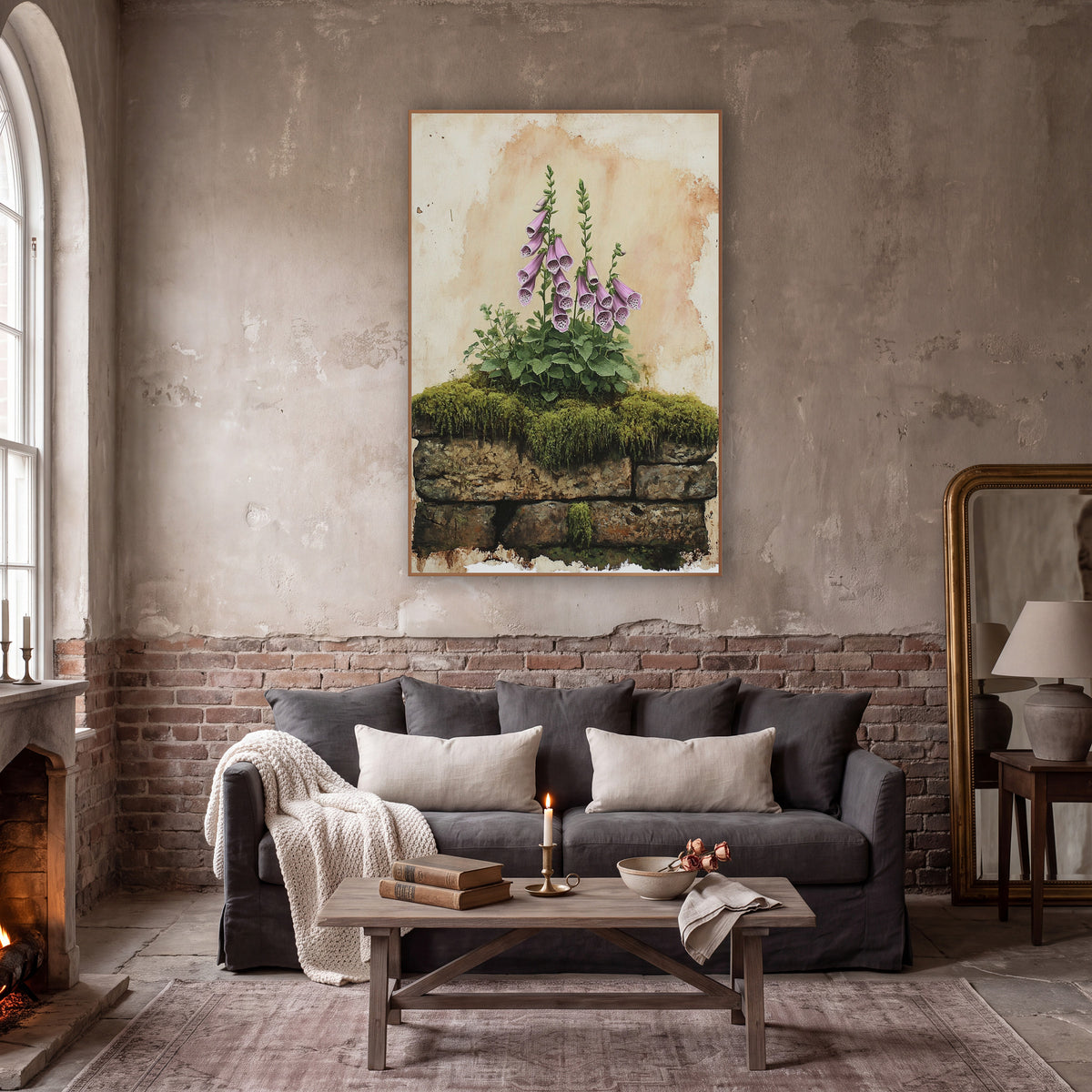 Pink Foxglove Mossy Stone Botanical wall art in a moody dark academia room – pink foxglove flowers and green leaves