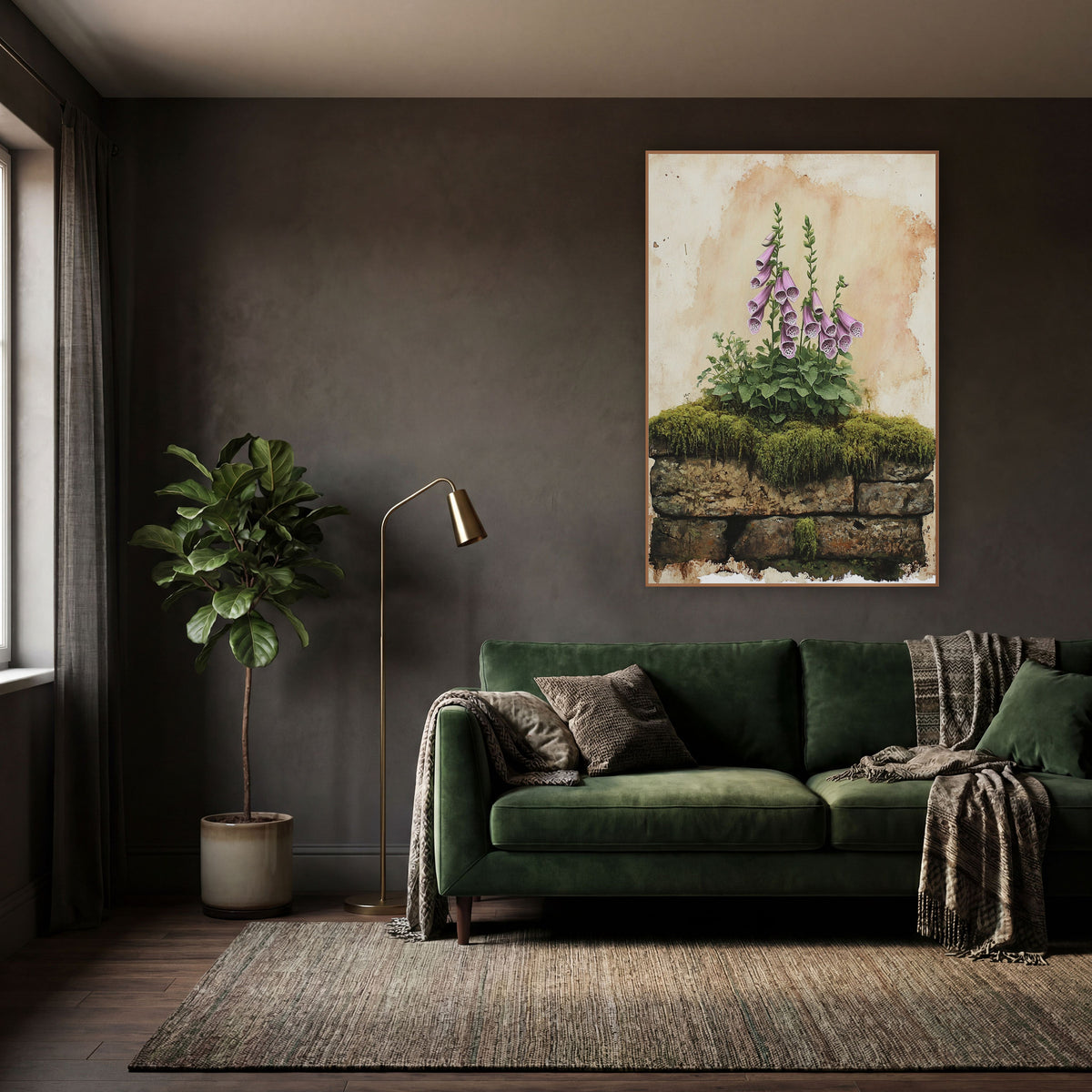 Pink Foxglove Mossy Stone Botanical wall art in a moody dark academia room – pink foxglove flowers and green leaves