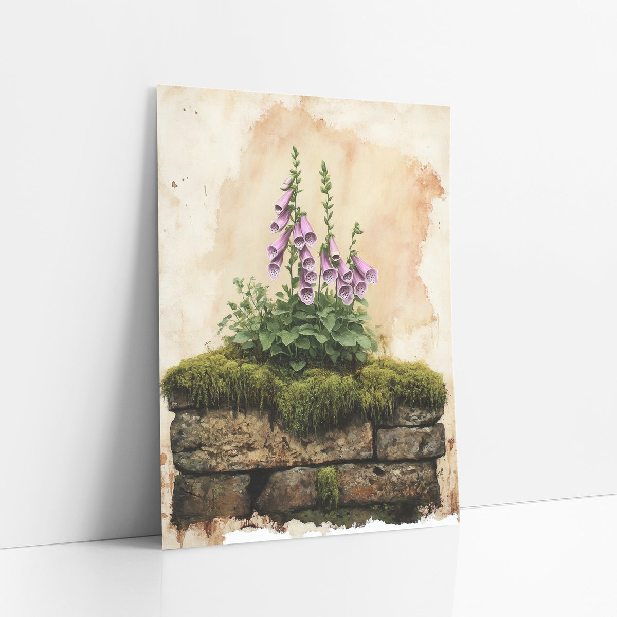 Pink Foxglove Mossy Stone Botanical art print leaning against a white wall – pink foxglove flowers and green leaves growing
