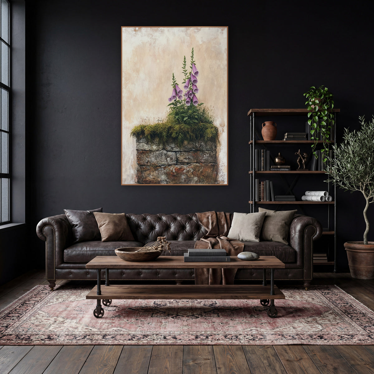 Drooping Foxglove Cluster Cottage Botanical wall art in a moody dark academia room – pink foxglove spikes rising
