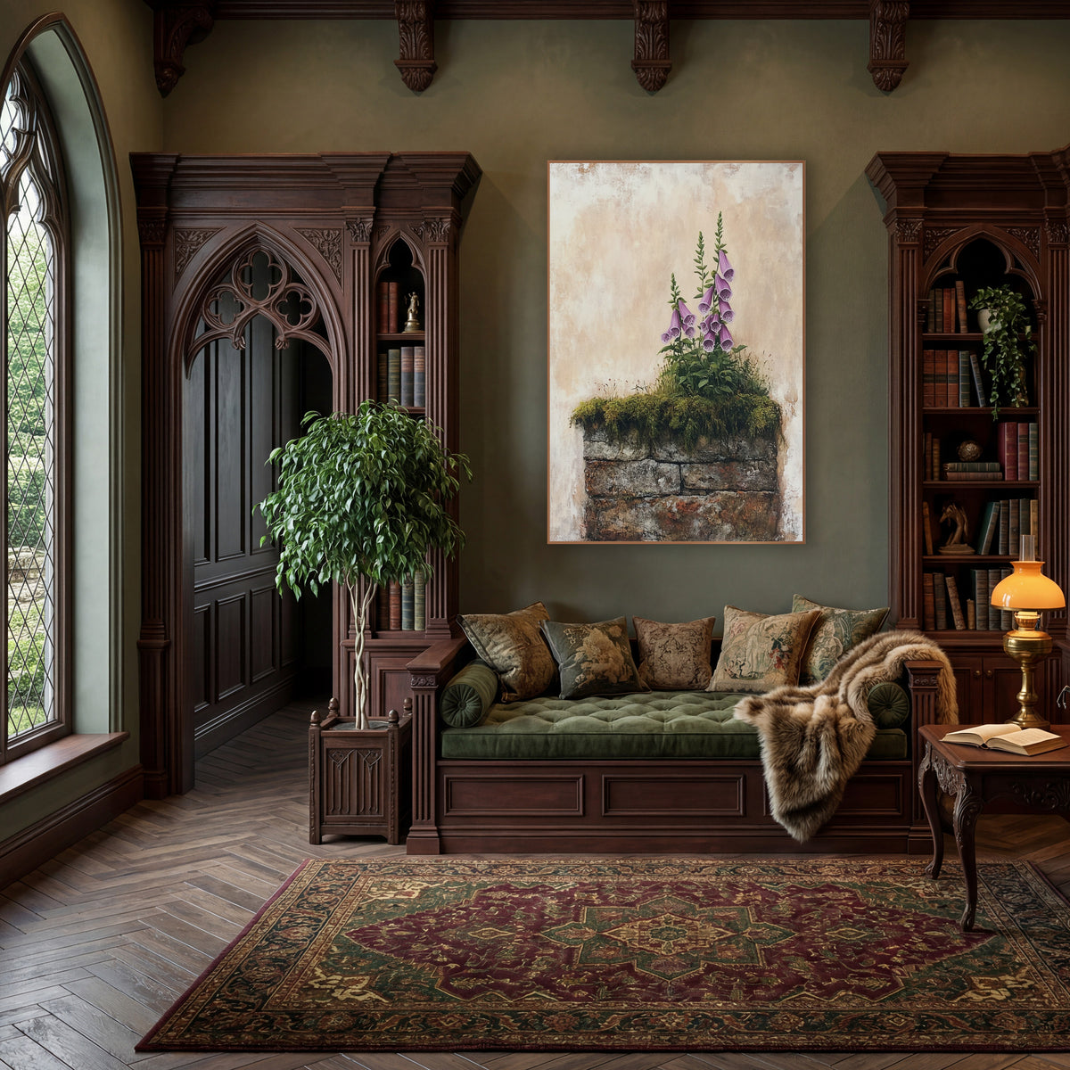 Drooping Foxglove Cluster Cottage Botanical wall art in a moody dark academia room – pink foxglove spikes rising