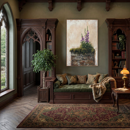 Drooping Foxglove Cluster Cottage Botanical wall art in a moody dark academia room – pink foxglove spikes rising