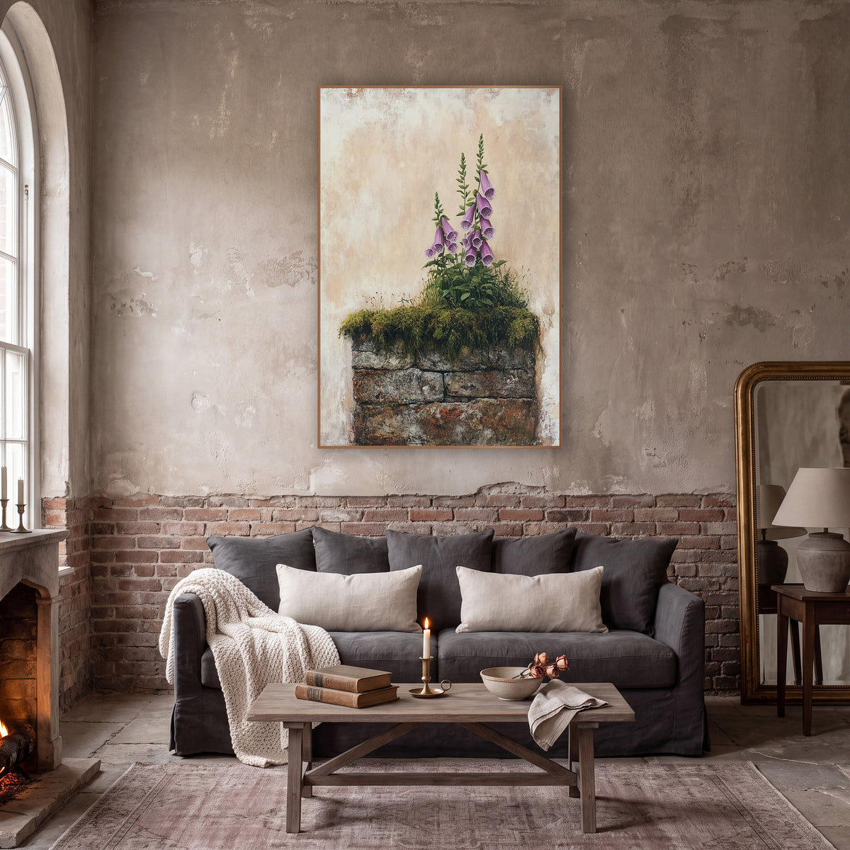 Drooping Foxglove Cluster Cottage Botanical wall art in a moody dark academia room – pink foxglove spikes rising