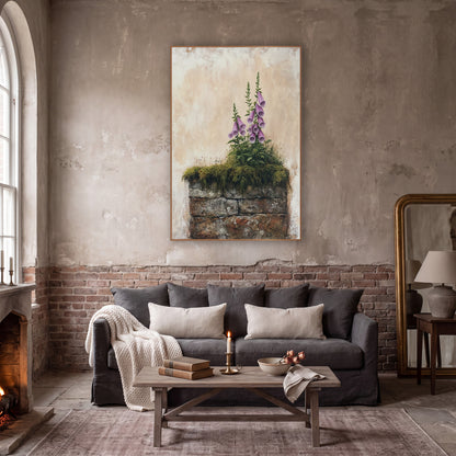 Drooping Foxglove Cluster Cottage Botanical wall art in a moody dark academia room – pink foxglove spikes rising
