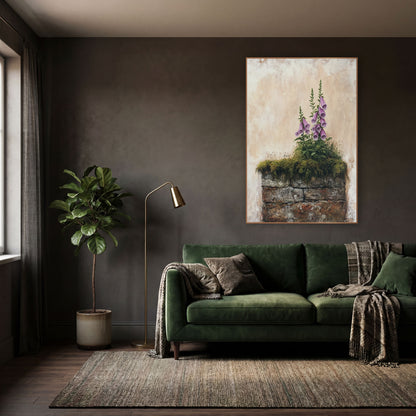 Drooping Foxglove Cluster Cottage Botanical wall art in a moody dark academia room – pink foxglove spikes rising