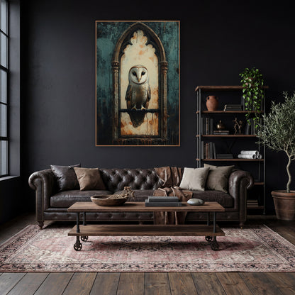Gothic Window Barn Owl Dark Academia wall art in a moody dark academia room – pale barn owl perched in a gothic arched