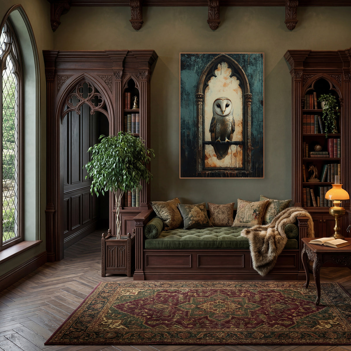 Gothic Window Barn Owl Dark Academia wall art in a moody dark academia room – pale barn owl perched in a gothic arched