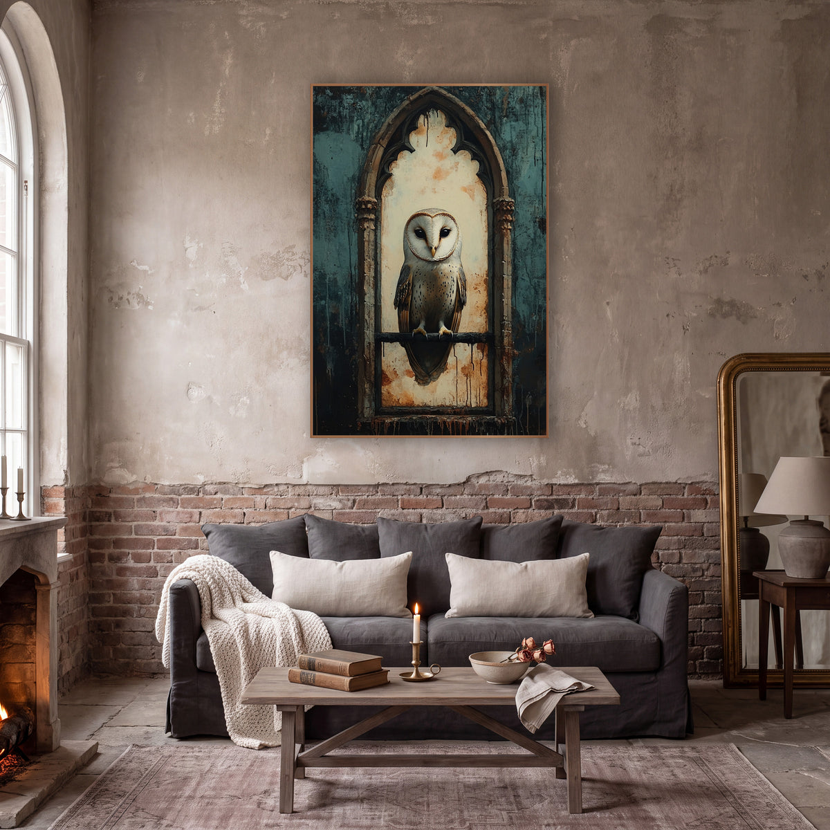 Gothic Window Barn Owl Dark Academia wall art in a moody dark academia room – pale barn owl perched in a gothic arched