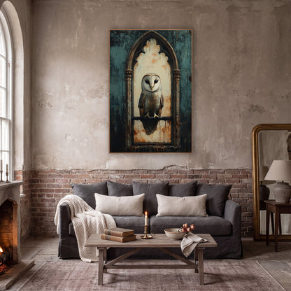 Gothic Window Barn Owl Dark Academia wall art in a moody dark academia room – pale barn owl perched in a gothic arched