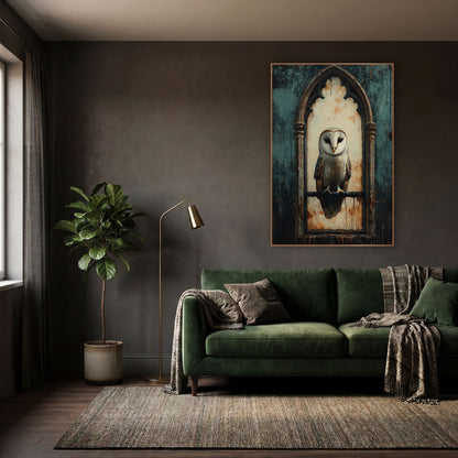 Gothic Window Barn Owl Dark Academia wall art in a moody dark academia room – pale barn owl perched in a gothic arched