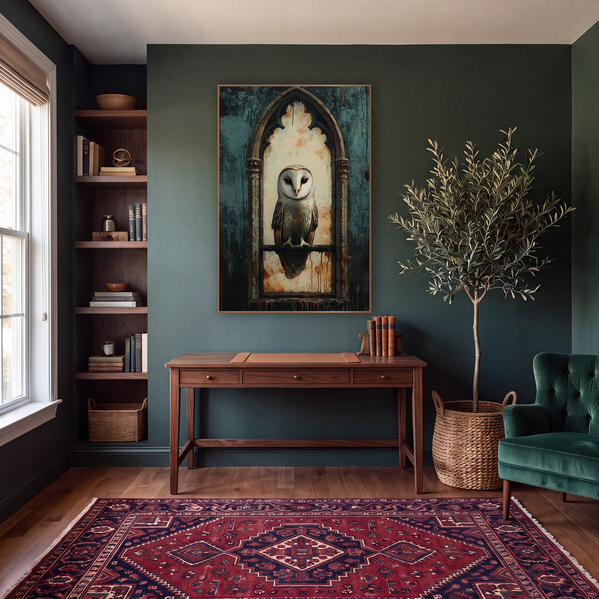 Gothic Window Barn Owl Dark Academia wall art in a moody dark academia room – pale barn owl perched in a gothic arched