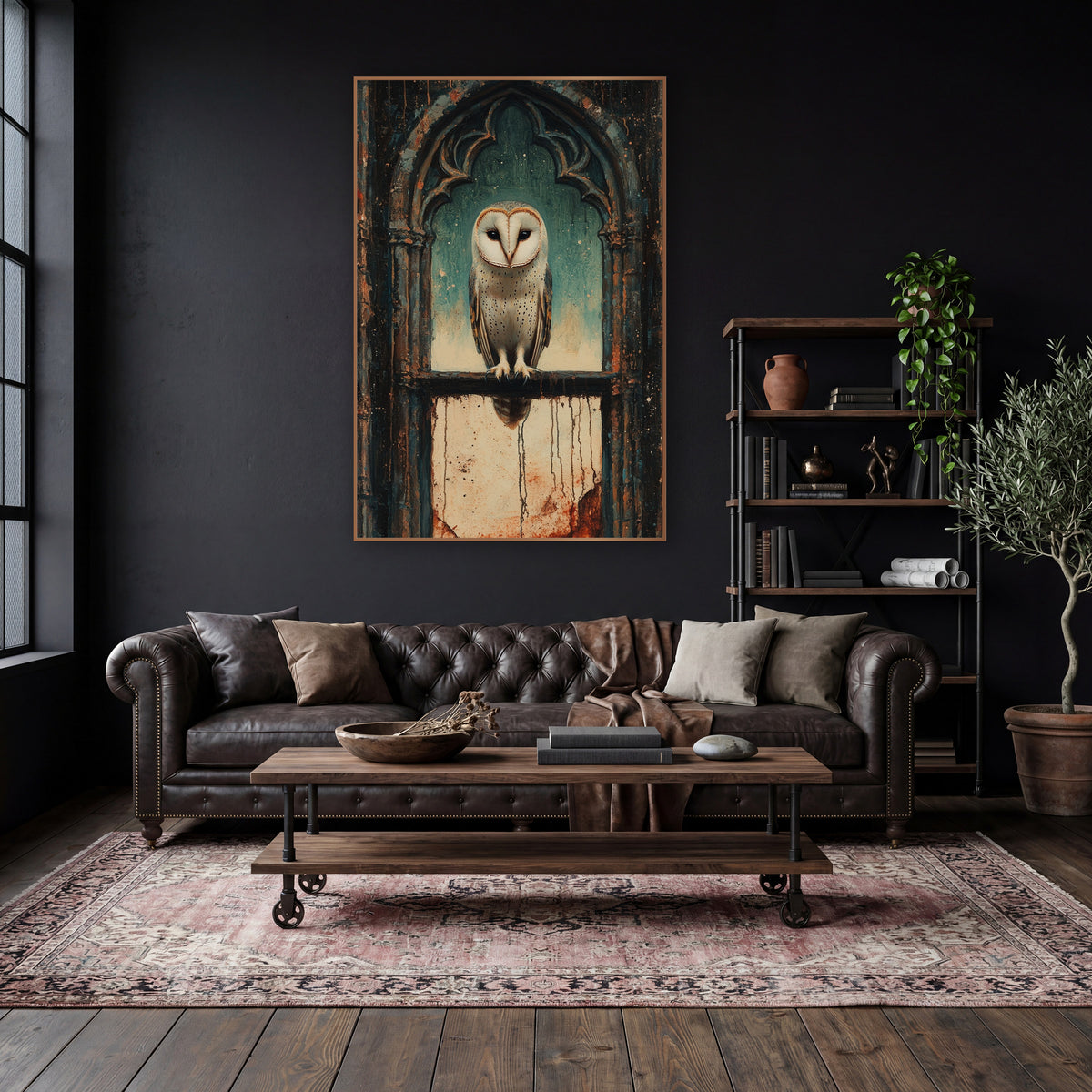 Barn Owl Gothic Window Moody wall art in a moody dark academia room – barn owl perched on a stone ledge in a gothic