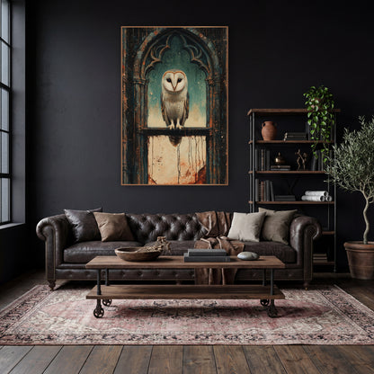 Barn Owl Gothic Window Moody wall art in a moody dark academia room – barn owl perched on a stone ledge in a gothic