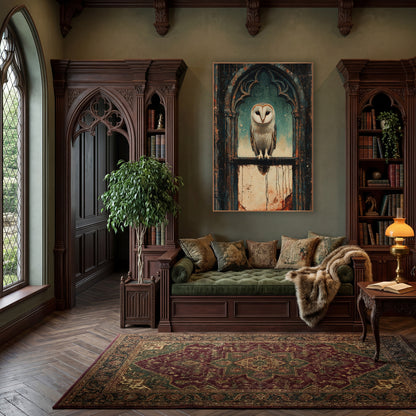 Barn Owl Gothic Window Moody wall art in a moody dark academia room – barn owl perched on a stone ledge in a gothic