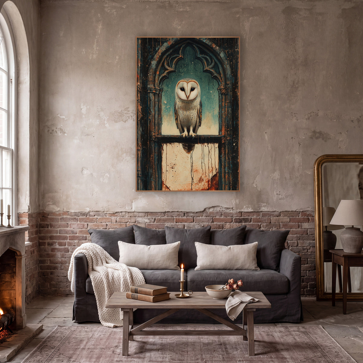 Barn Owl Gothic Window Moody wall art in a moody dark academia room – barn owl perched on a stone ledge in a gothic