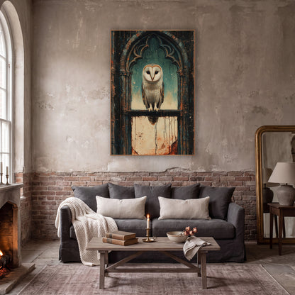Barn Owl Gothic Window Moody wall art in a moody dark academia room – barn owl perched on a stone ledge in a gothic